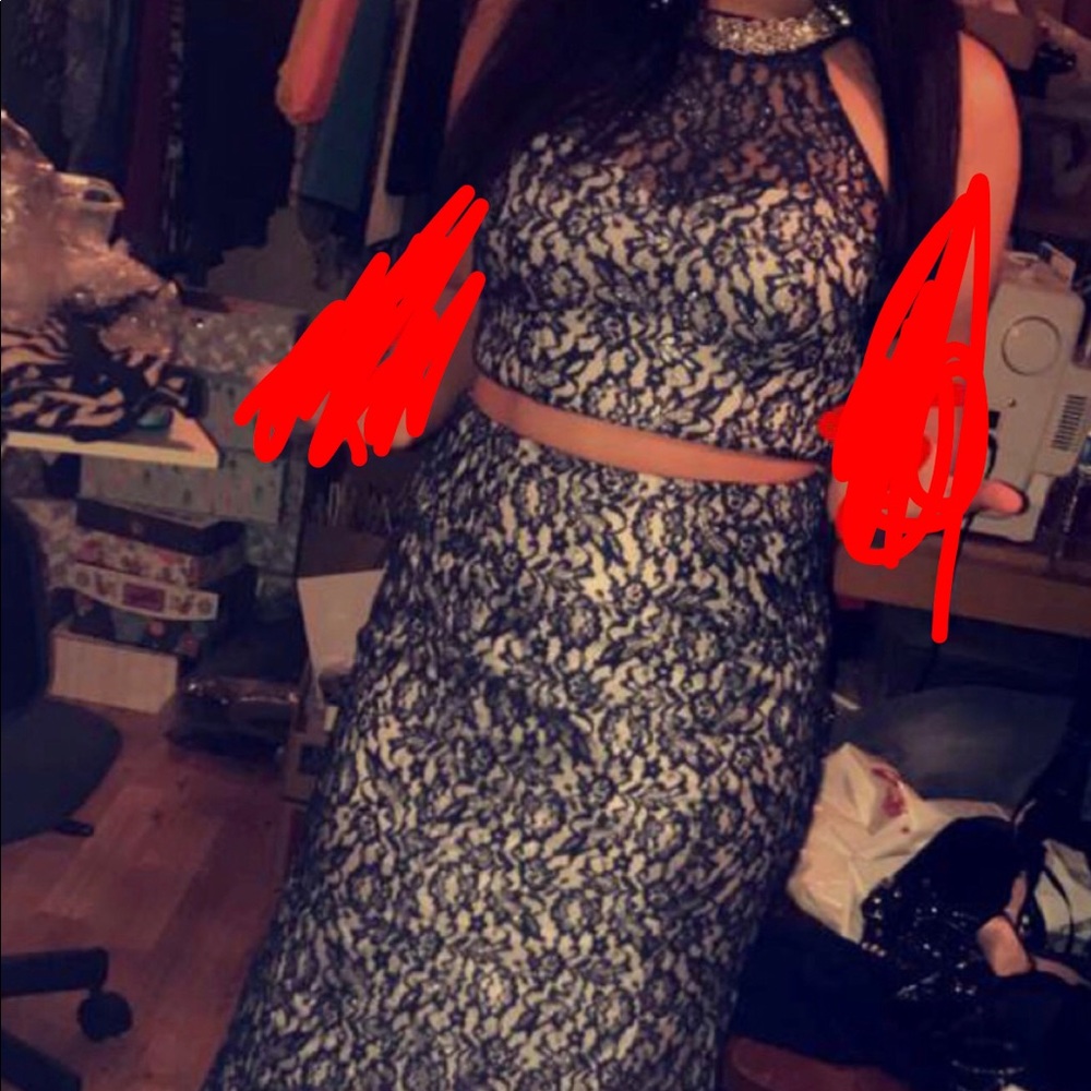 two piece navy and silver dress with a jeweled top